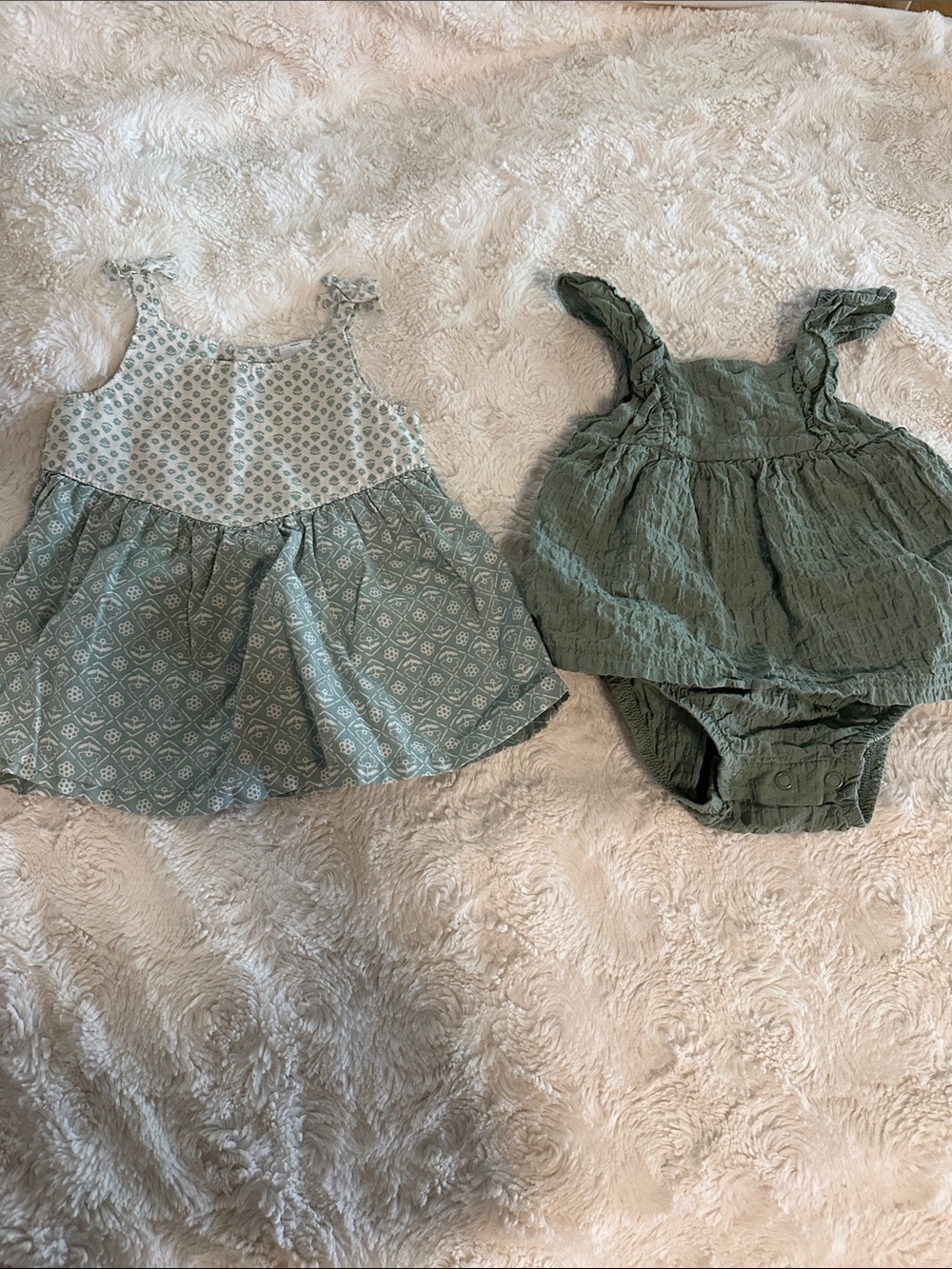 Carter's Green Patterned & Solid Ruffle Tank Dresses - 2pc Set